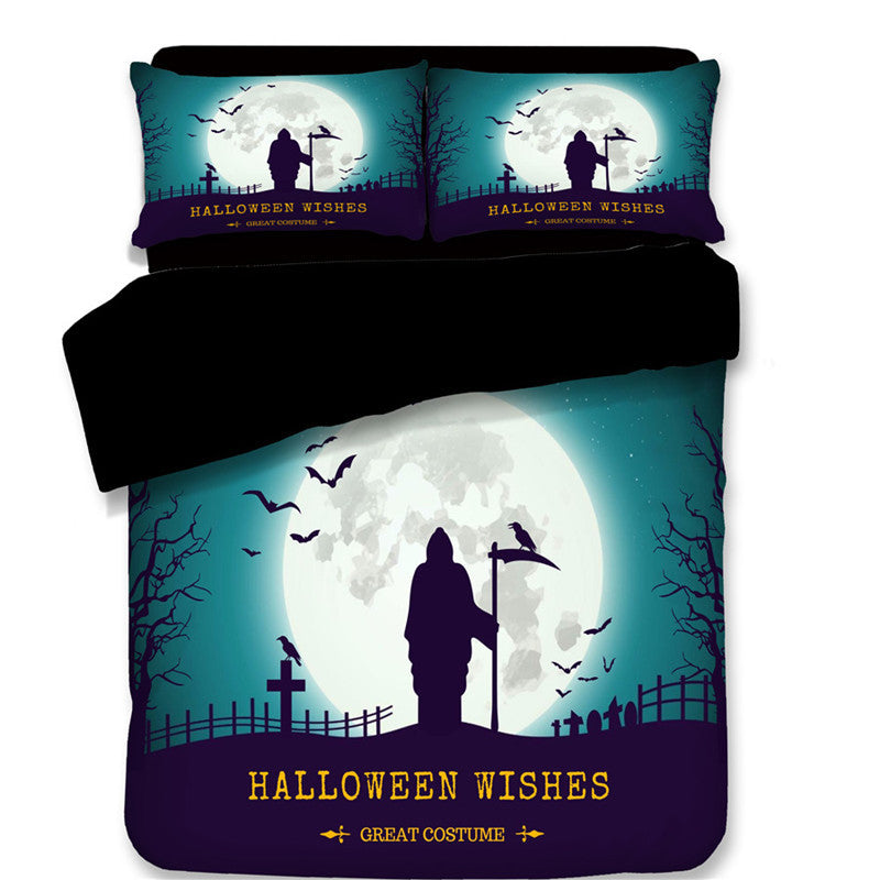 HKM-587795 Halloween-Themed 4-Piece Cotton Bedding Set - Duvet Cover and Pillow Cases in Twin, Full, Queen, or King Sizes