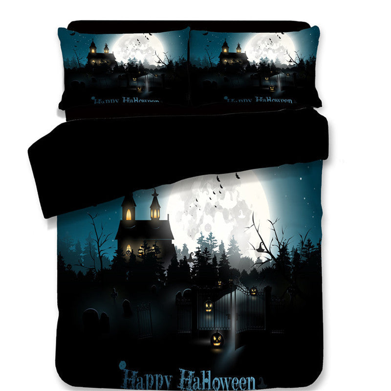 HKM-587795 Halloween-Themed 4-Piece Cotton Bedding Set - Duvet Cover and Pillow Cases in Twin, Full, Queen, or King Sizes