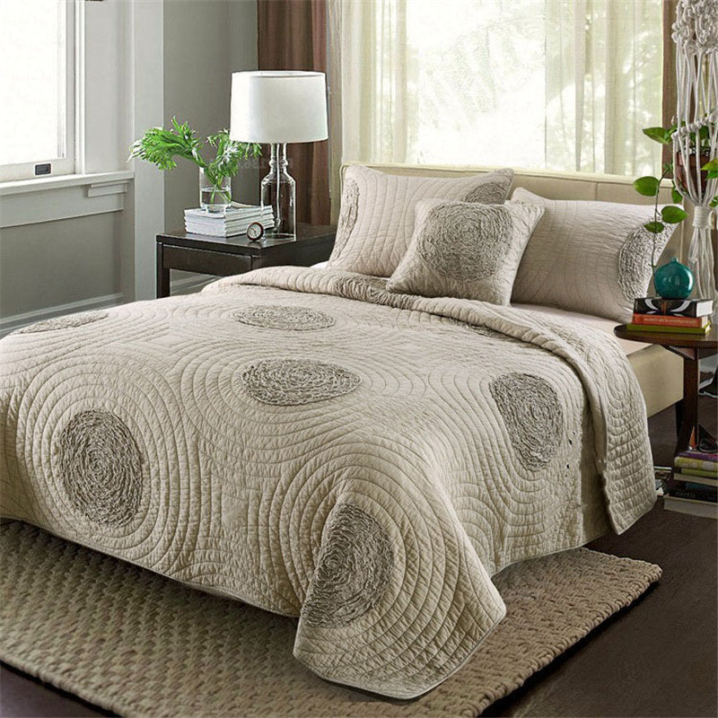 HKM-588243 Elegant European Style Quilted Embroidered Cotton Bed Cover Set - 3 Piece, Solid Color, for 1.8m and 2.0m Beds
