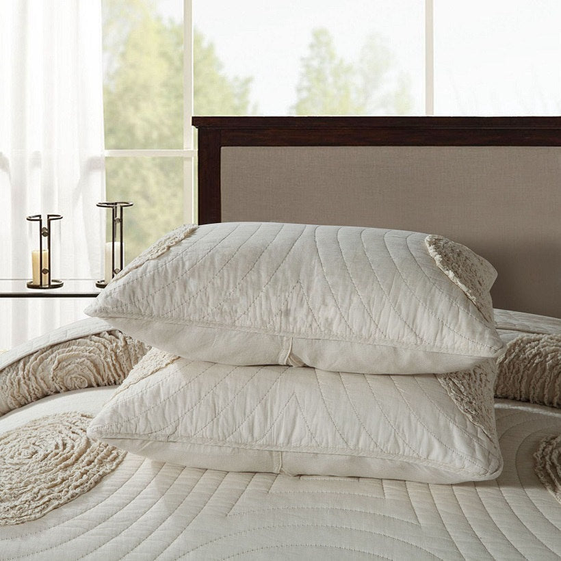HKM-588243 Elegant European Style Quilted Embroidered Cotton Bed Cover Set - 3 Piece, Solid Color, for 1.8m and 2.0m Beds
