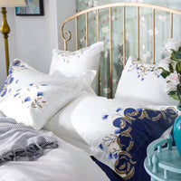 HKM-588947 Satin Embroidered Flower Cotton Quilt Cover Set - American Style, Blue Enchantress, Four-Piece or Six-Piece Options Available