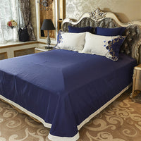 HKM-588947 Satin Embroidered Flower Cotton Quilt Cover Set - American Style, Blue Enchantress, Four-Piece or Six-Piece Options Available