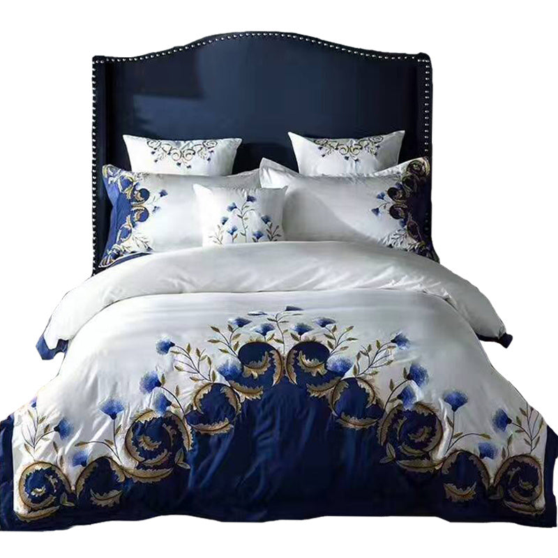 HKM-588947 Satin Embroidered Flower Cotton Quilt Cover Set - American Style, Blue Enchantress, Four-Piece or Six-Piece Options Available