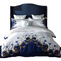 HKM-588947 Satin Embroidered Flower Cotton Quilt Cover Set - American Style, Blue Enchantress, Four-Piece or Six-Piece Options Available