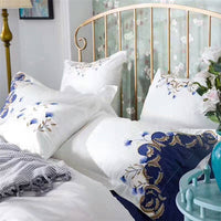 HKM-588947 Satin Embroidered Flower Cotton Quilt Cover Set - American Style, Blue Enchantress, Four-Piece or Six-Piece Options Available