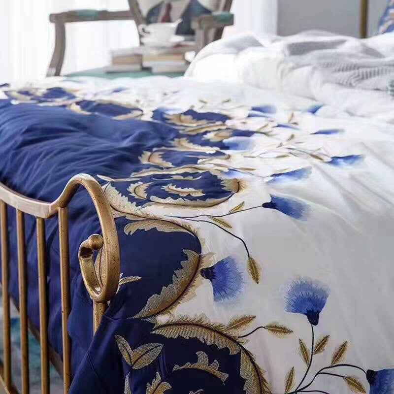 HKM-588947 Satin Embroidered Flower Cotton Quilt Cover Set - American Style, Blue Enchantress, Four-Piece or Six-Piece Options Available