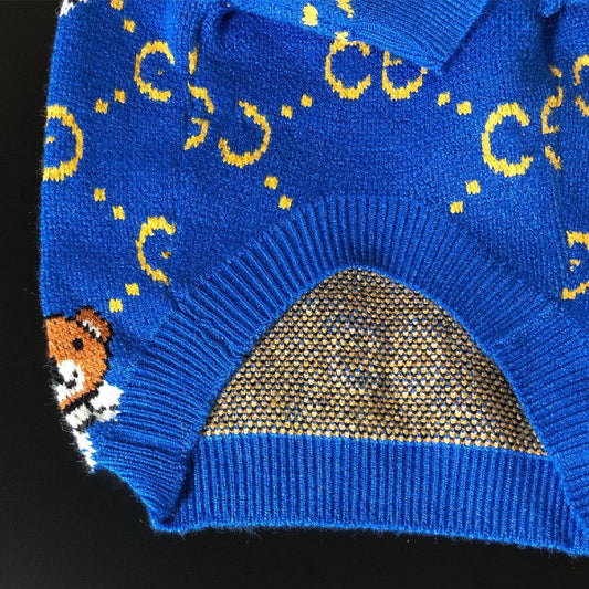 HKM-589203 Cozy Blue Bear Wool Sweater for Dogs - Available in Multiple Sizes