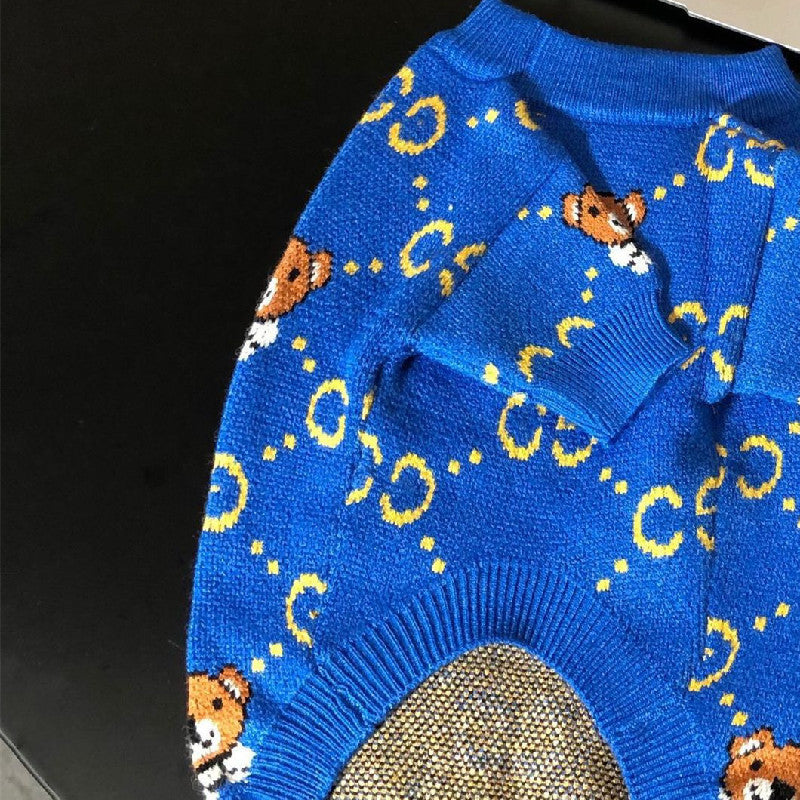 HKM-589203 Cozy Blue Bear Wool Sweater for Dogs - Available in Multiple Sizes