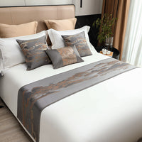 HKM-589459 Chinese Style Landscape Bed Runner and Pillow Set in Sun Orange, Platinum Gray, Imperial Blue, Royal Green, Volcanic Gold - Various Sizes Available