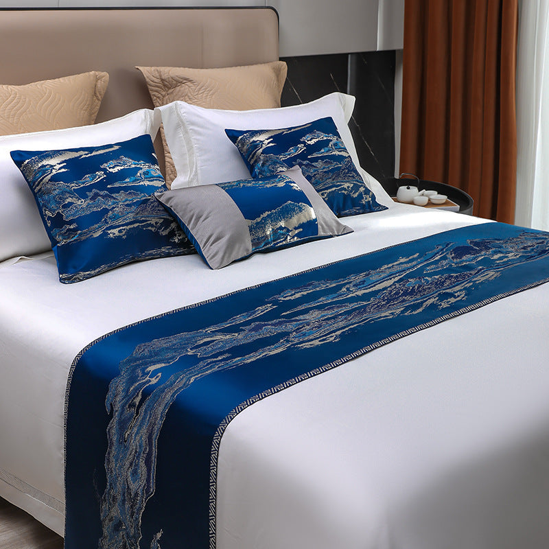 HKM-589459 Chinese Style Landscape Bed Runner and Pillow Set in Sun Orange, Platinum Gray, Imperial Blue, Royal Green, Volcanic Gold - Various Sizes Available