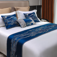 HKM-589459 Chinese Style Landscape Bed Runner and Pillow Set in Sun Orange, Platinum Gray, Imperial Blue, Royal Green, Volcanic Gold - Various Sizes Available