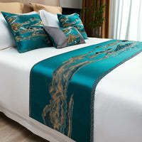 HKM-589459 Chinese Style Landscape Bed Runner and Pillow Set in Sun Orange, Platinum Gray, Imperial Blue, Royal Green, Volcanic Gold - Various Sizes Available