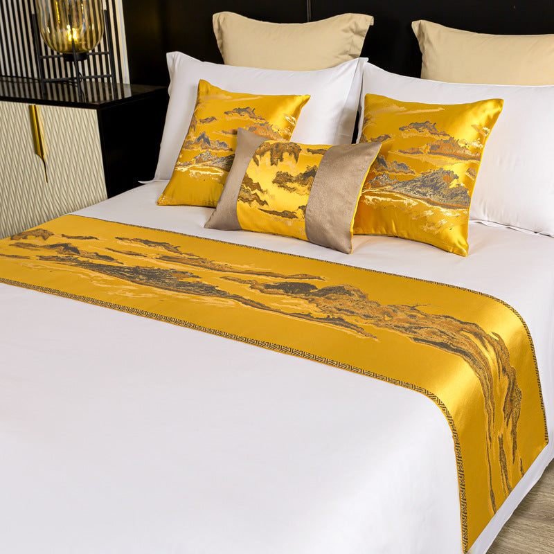 HKM-589459 Chinese Style Landscape Bed Runner and Pillow Set in Sun Orange, Platinum Gray, Imperial Blue, Royal Green, Volcanic Gold - Various Sizes Available