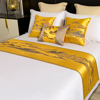 HKM-589459 Chinese Style Landscape Bed Runner and Pillow Set in Sun Orange, Platinum Gray, Imperial Blue, Royal Green, Volcanic Gold - Various Sizes Available