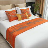 HKM-589459 Chinese Style Landscape Bed Runner and Pillow Set in Sun Orange, Platinum Gray, Imperial Blue, Royal Green, Volcanic Gold - Various Sizes Available