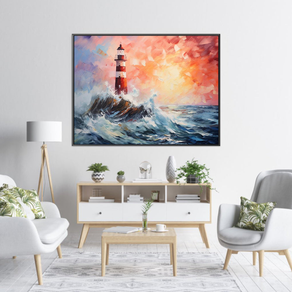 HKM-589715 Hand-Painted Modern Abstract Lighthouse Landscape Canvas Art for Home Decor