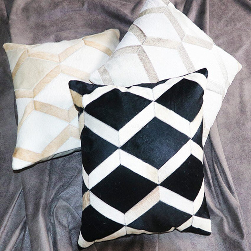 HKM-589907 Geometric Cowhide Pillow Cover - 45x45cm Cushion for Home and Car Decoration