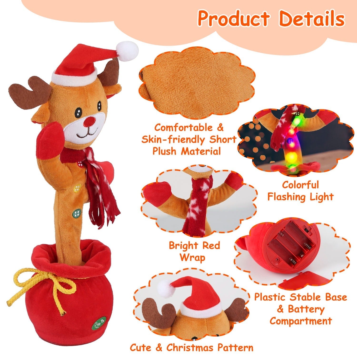 HKM-589907 Interactive Plush Dance Toy - Penguin or Elk Design, Singing, Recording, Light-Up Christmas Decor
