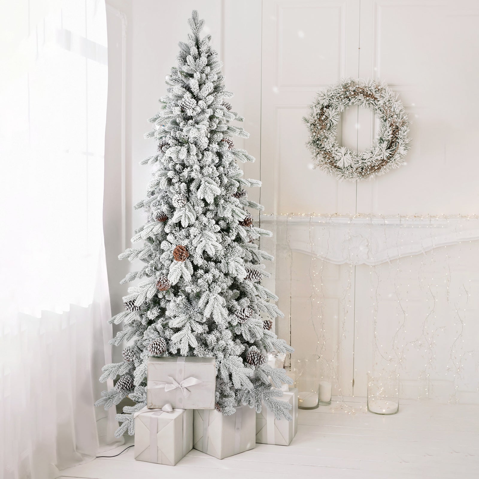 HKM-590227 Flocked PE/PVC Christmas Tree - Available in 7.5ft, 8ft, and 9ft Heights with Pine Cones