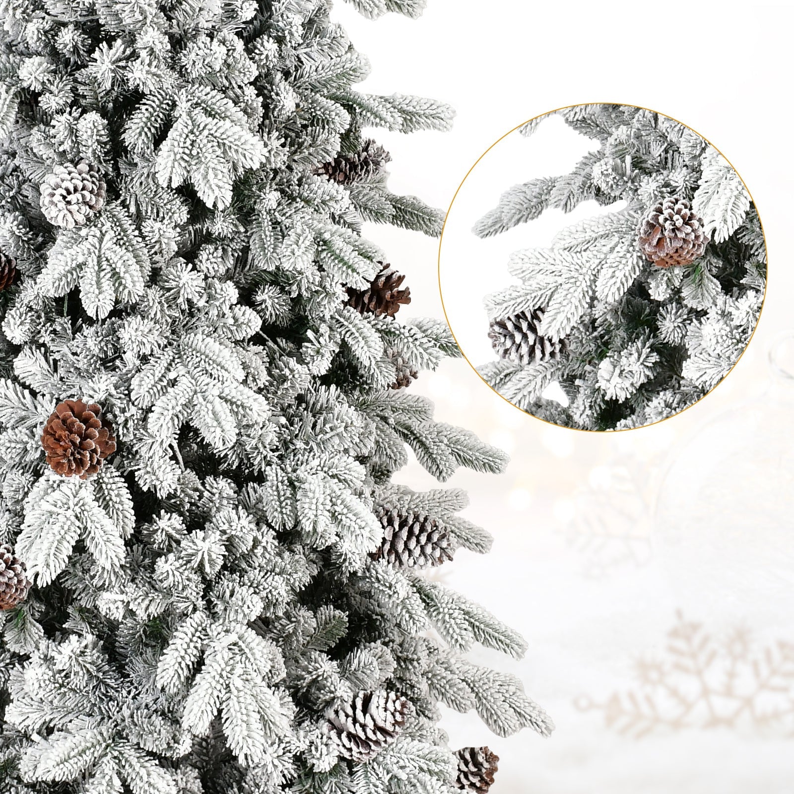 HKM-590227 Flocked PE/PVC Christmas Tree - Available in 7.5ft, 8ft, and 9ft Heights with Pine Cones
