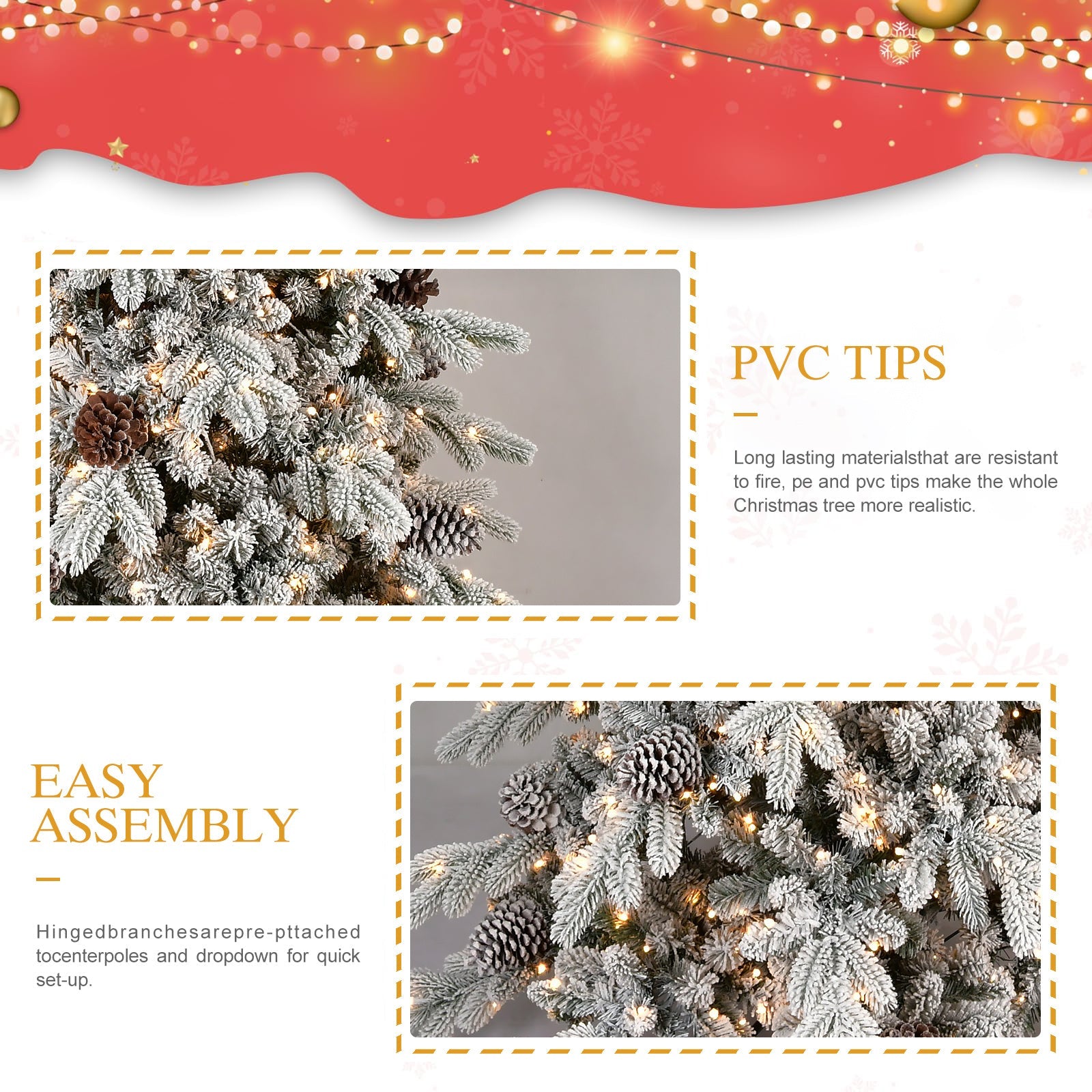 HKM-590227 Flocked PE/PVC Christmas Tree - Available in 7.5ft, 8ft, and 9ft Heights with Pine Cones