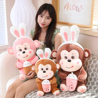 HKM-590611 Kawaii Bubble Tea Monkey Plush Toy - Cute Stuffed Animal Pillow for Kids, 51-99cm