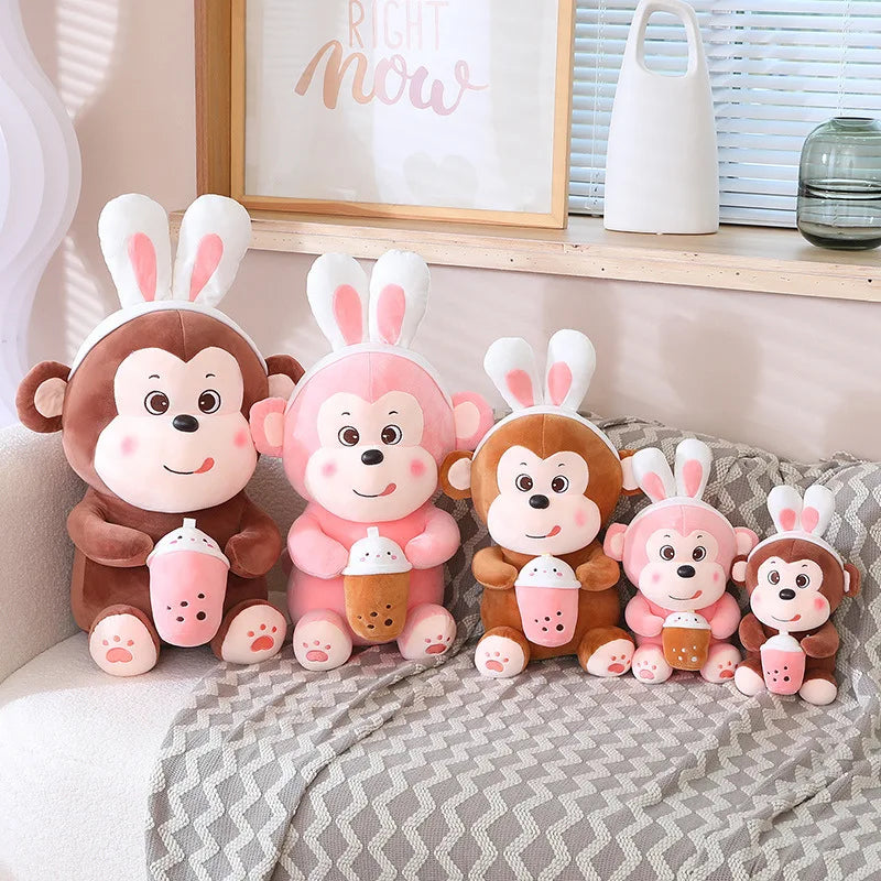 KTX-590611 Kawaii Bubble Tea Monkey Plush Toy - Cute Stuffed Animal Pillow for Kids, 51-99cm