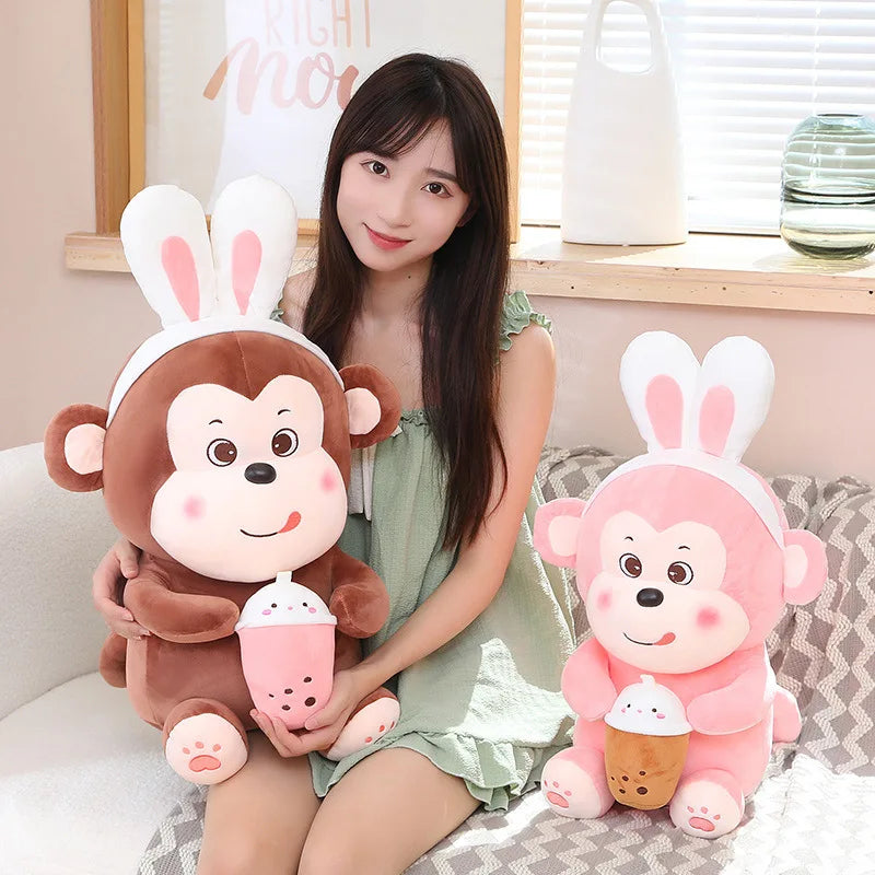 KTX-590611 Kawaii Bubble Tea Monkey Plush Toy - Cute Stuffed Animal Pillow for Kids, 51-99cm
