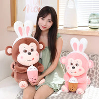 HKM-590611 Kawaii Bubble Tea Monkey Plush Toy - Cute Stuffed Animal Pillow for Kids, 51-99cm