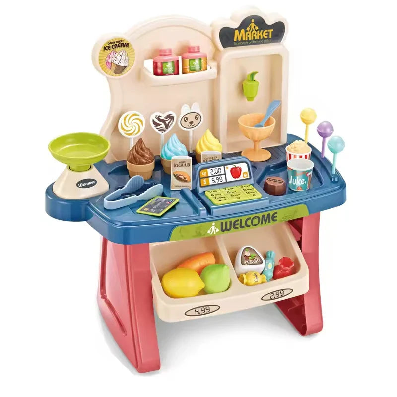 HKM-590739 Children's Mini Supermarket Play Set with Checkout Station and Ice Cream Vending Table