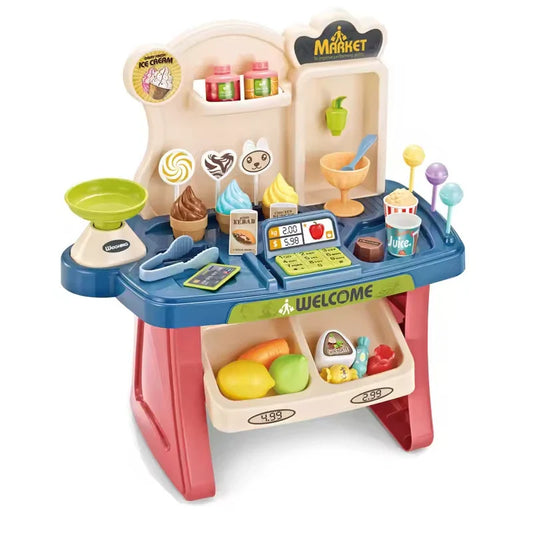 HKM-590739 Children's Mini Supermarket Play Set with Checkout Station and Ice Cream Vending Table