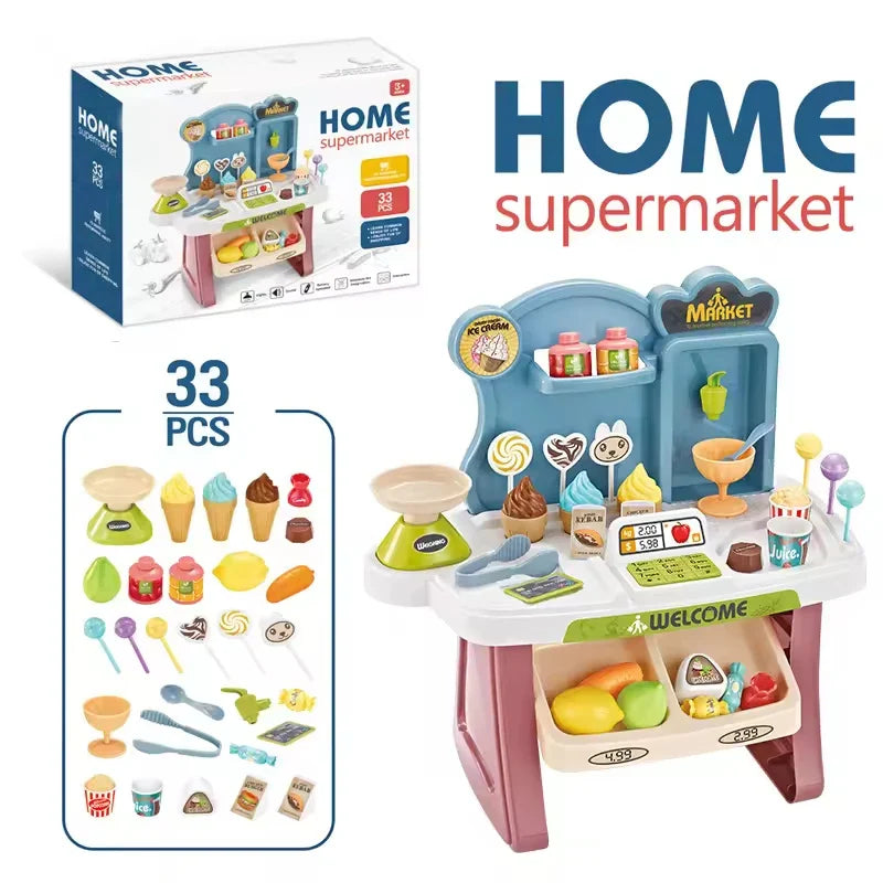 HKM-590739 Children's Mini Supermarket Play Set with Checkout Station and Ice Cream Vending Table