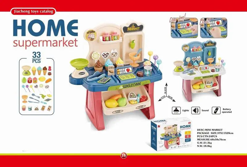HKM-590739 Children's Mini Supermarket Play Set with Checkout Station and Ice Cream Vending Table