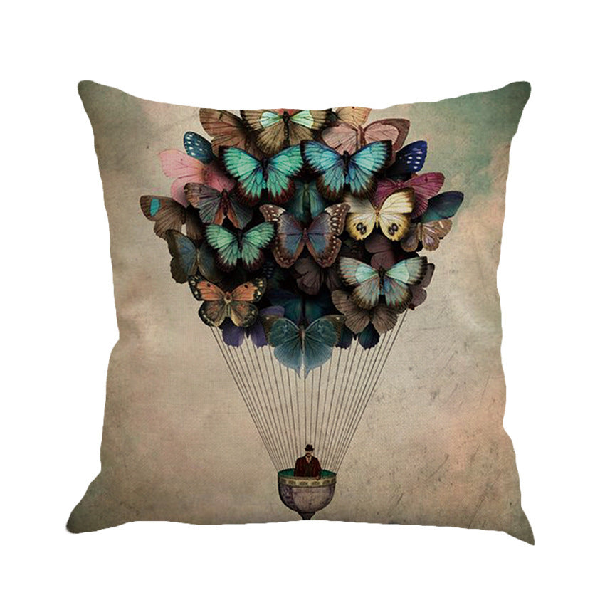 HKM-591315 Colorful Butterfly Linen Pillow Cover - Scenery Design, 45x45cm, No Insert Included