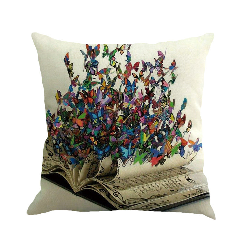 HKM-591315 Colorful Butterfly Linen Pillow Cover - Scenery Design, 45x45cm, No Insert Included