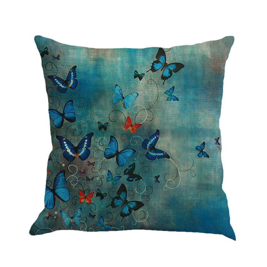 HKM-591315 Colorful Butterfly Linen Pillow Cover - Scenery Design, 45x45cm, No Insert Included
