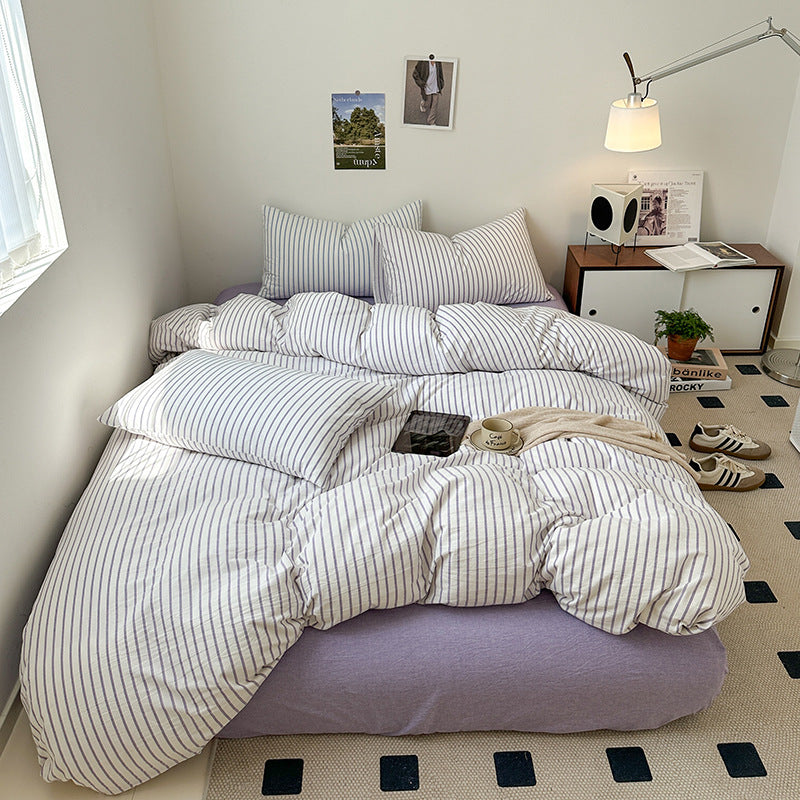 HKM-592083 Washed Cotton Striped 4-Piece Bedding Set - Fitted Sheet, Duvet Cover, and Pillowcases