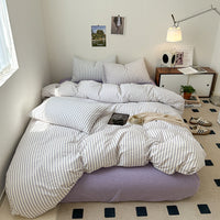 HKM-592083 Washed Cotton Striped 4-Piece Bedding Set - Fitted Sheet, Duvet Cover, and Pillowcases