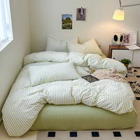 HKM-592083 Washed Cotton Striped 4-Piece Bedding Set - Fitted Sheet, Duvet Cover, and Pillowcases