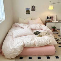 HKM-592083 Washed Cotton Striped 4-Piece Bedding Set - Fitted Sheet, Duvet Cover, and Pillowcases