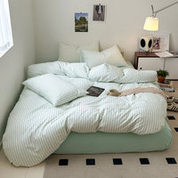 HKM-592083 Washed Cotton Striped 4-Piece Bedding Set - Fitted Sheet, Duvet Cover, and Pillowcases