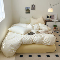 HKM-592083 Washed Cotton Striped 4-Piece Bedding Set - Fitted Sheet, Duvet Cover, and Pillowcases