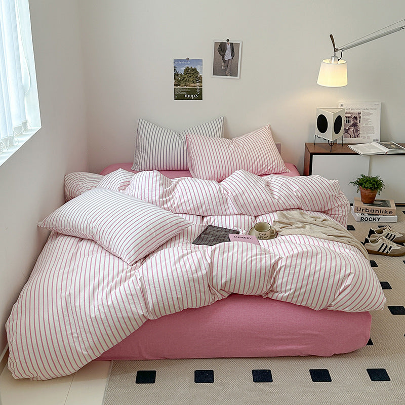 HKM-592083 Washed Cotton Striped 4-Piece Bedding Set - Fitted Sheet, Duvet Cover, and Pillowcases