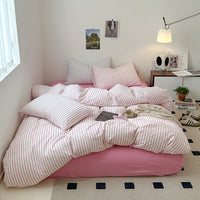 HKM-592083 Washed Cotton Striped 4-Piece Bedding Set - Fitted Sheet, Duvet Cover, and Pillowcases