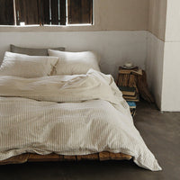 HKM-592083 Washed Cotton Striped 4-Piece Bedding Set - Fitted Sheet, Duvet Cover, and Pillowcases