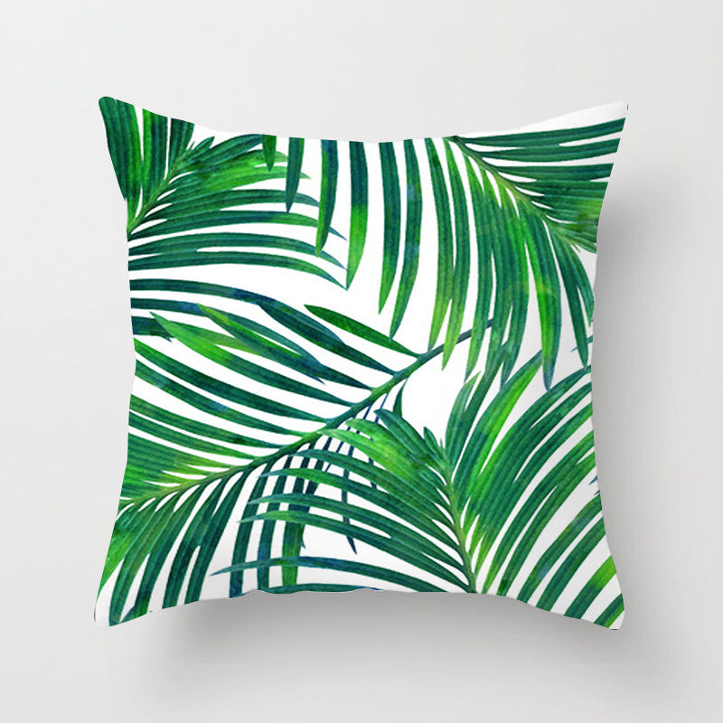 HKM-592147 Modern Green Plant Printed Peach Skin Cushion Cover - 45x45 cm
