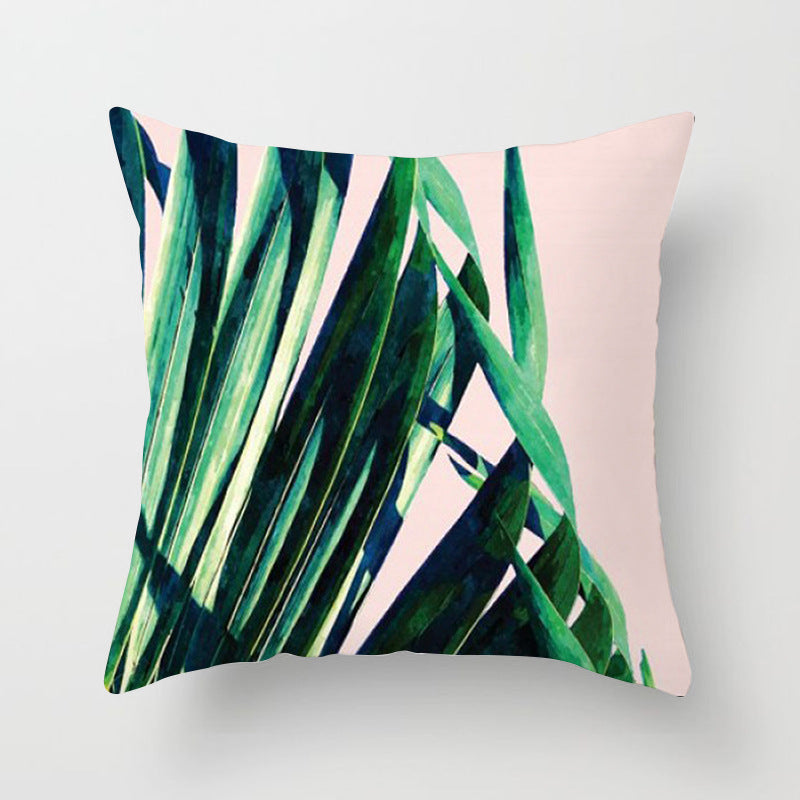 HKM-592147 Modern Green Plant Printed Peach Skin Cushion Cover - 45x45 cm