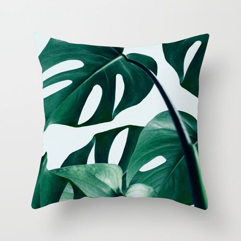 HKM-592147 Modern Green Plant Printed Peach Skin Cushion Cover - 45x45 cm
