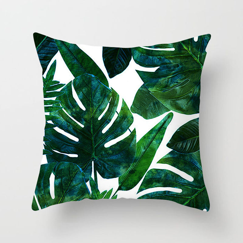 HKM-592147 Modern Green Plant Printed Peach Skin Cushion Cover - 45x45 cm