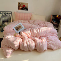 HKM-592915 Striped Milk Fiber Bedding Set - Four-Piece Options for Various Bed Sizes